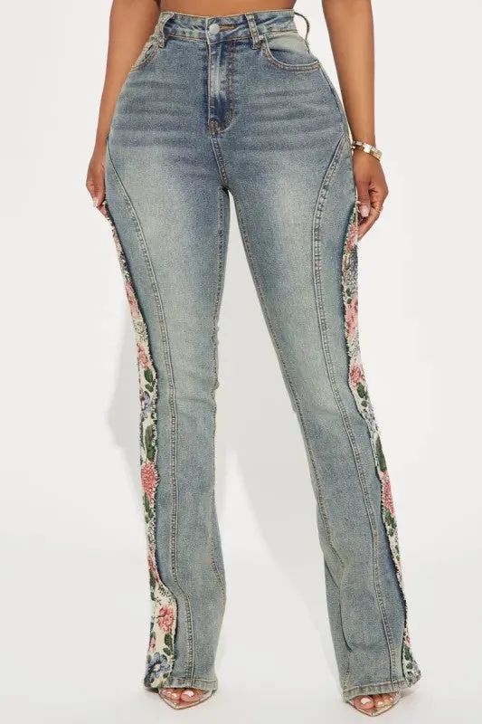 Vintage-Inspired High-Waist Denim Bell Bottoms with Floral Patchwork