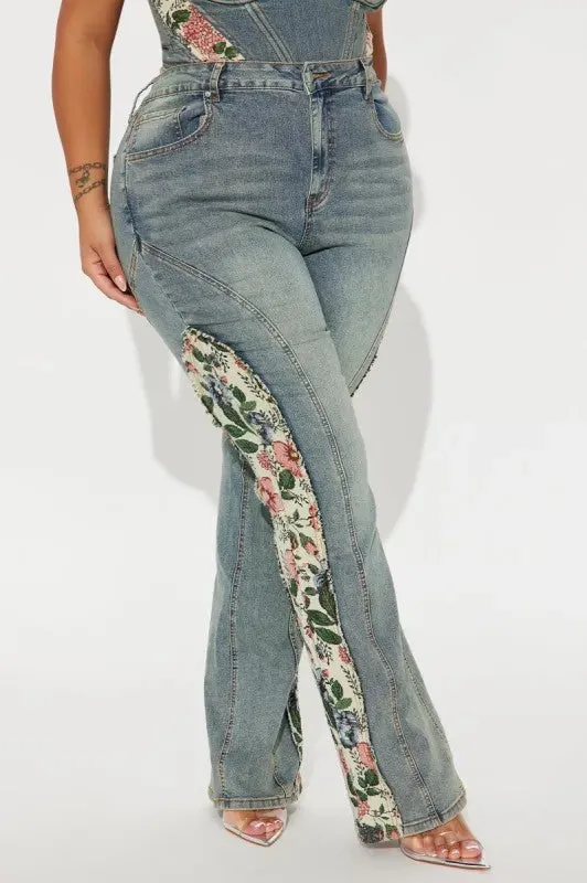 Vintage-Inspired High-Waist Denim Bell Bottoms with Floral Patchwork