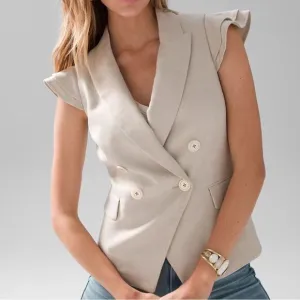 WHBM Vest Neutral tan flutter flounce sleeve studio double breast Relaxed Top 8