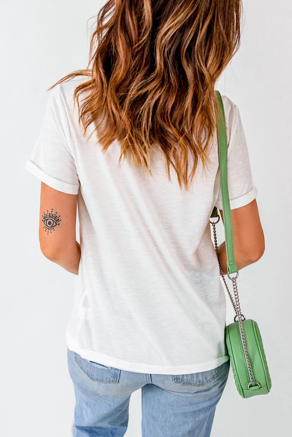 White AMERICA Bow Knot Print Crew Neck Casual Tee
