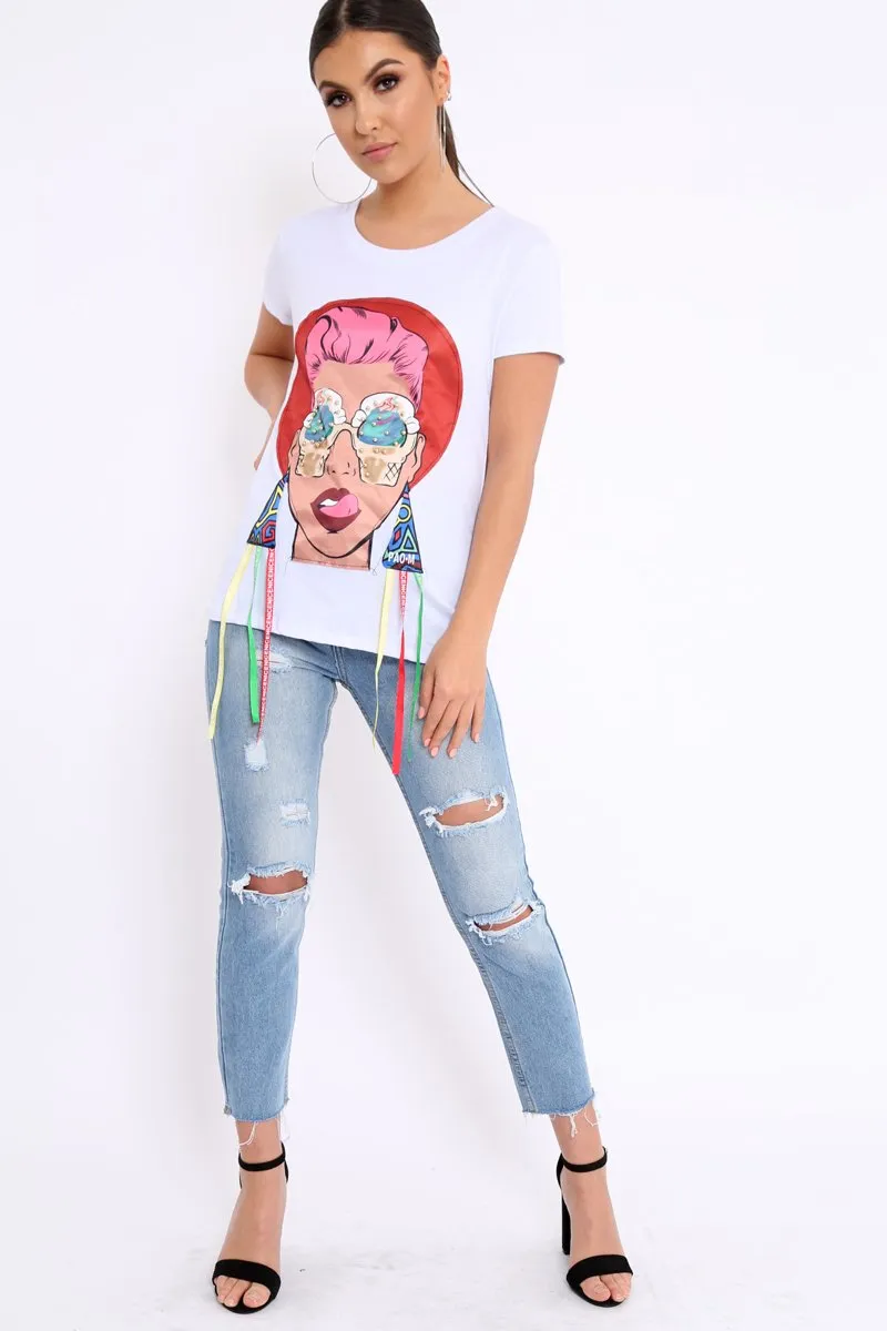 White Crew Neck Girls Face T Shirt with Tassels - Lenna