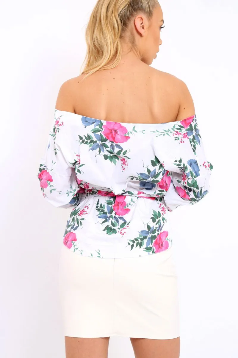 White Floral Print Ruffle Sleeve Wrapover Top - Susie