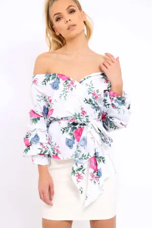 White Floral Print Ruffle Sleeve Wrapover Top - Susie