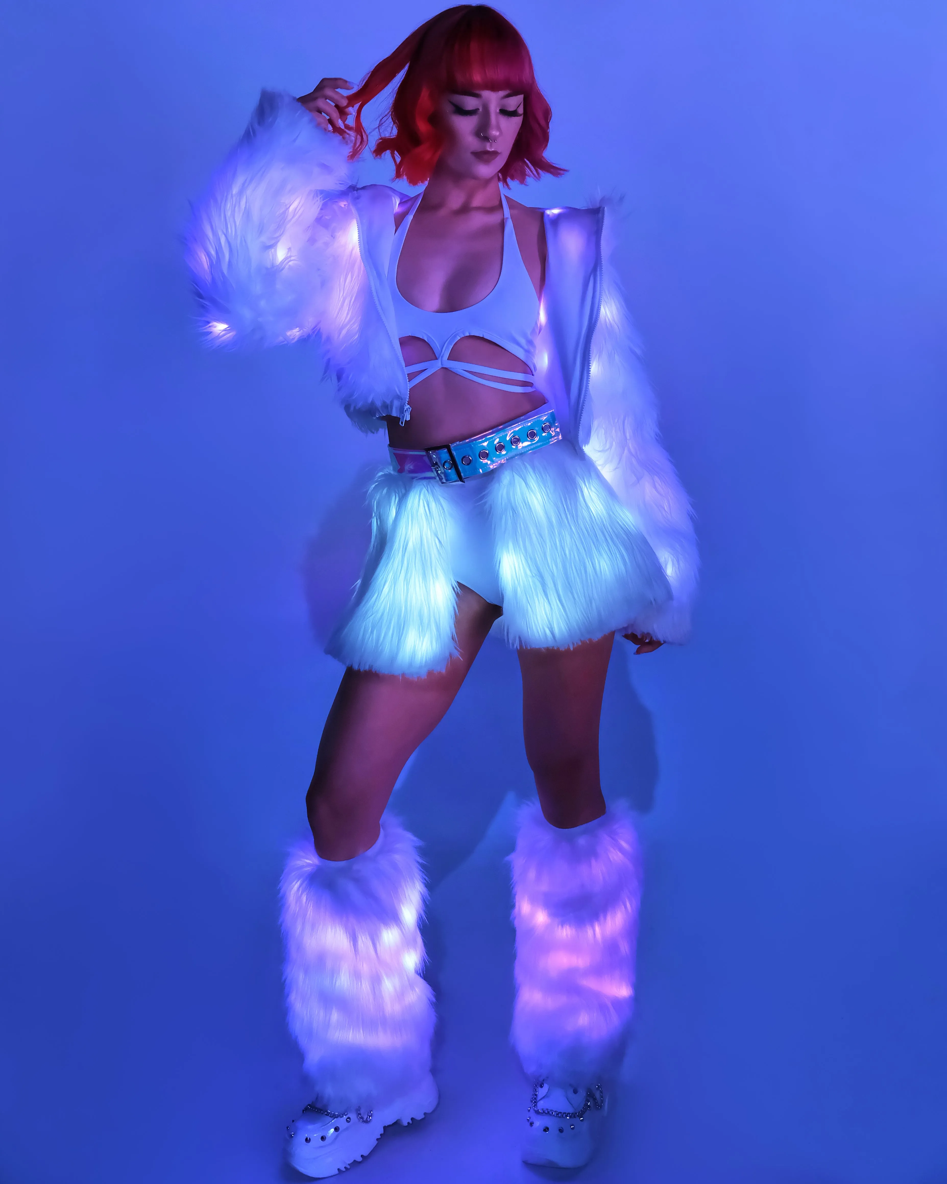 White LED White Fur Belted Skirt