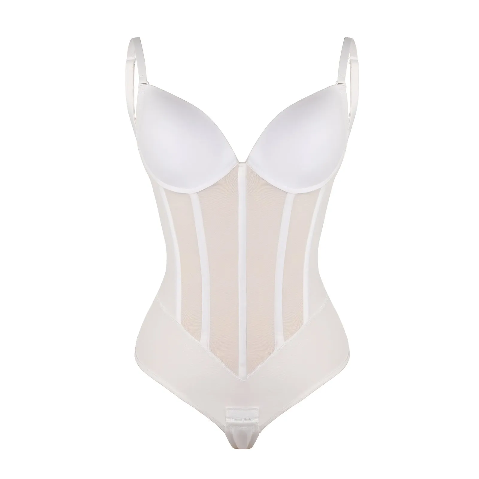 White Plunge Backless Bodysuit Shaper With Built-In Bra And Velvet Boned Corset