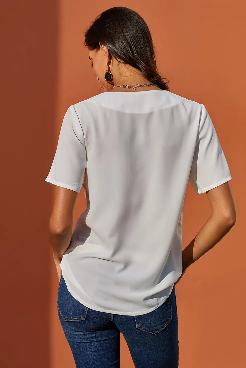 White Short Sleeve Button Detail Loose Fitting Chiffon Blouse
