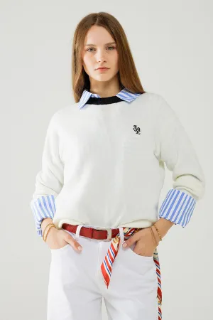 White sweater with contrasting collar and love logo on chest