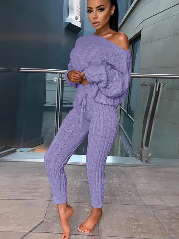 Women's Fashion Off Shoulder Long Sleeve Sweater Sets