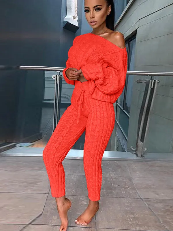 Women's Fashion Off Shoulder Long Sleeve Sweater Sets