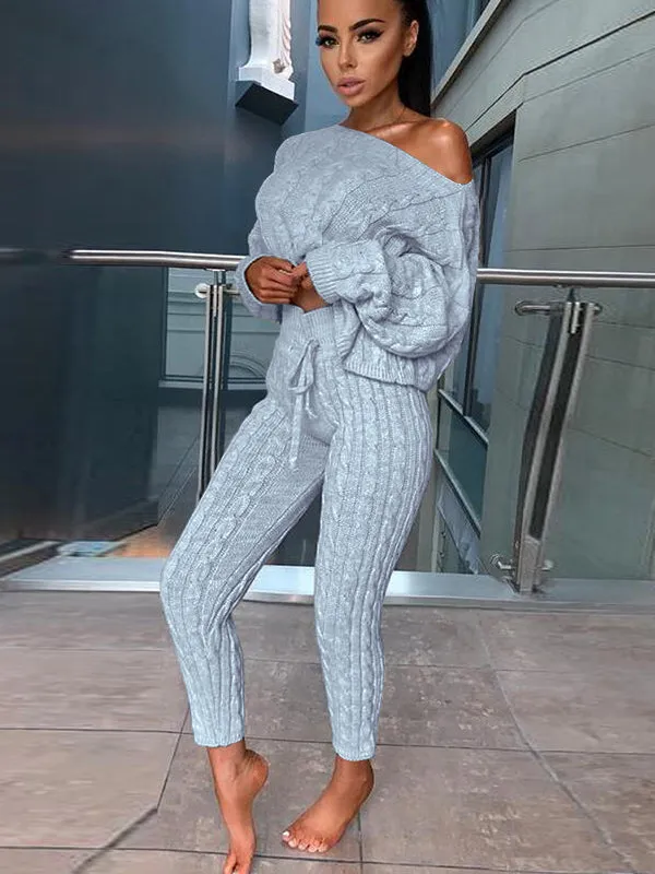 Women's Fashion Off Shoulder Long Sleeve Sweater Sets