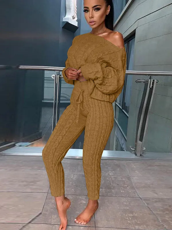 Women's Fashion Off Shoulder Long Sleeve Sweater Sets