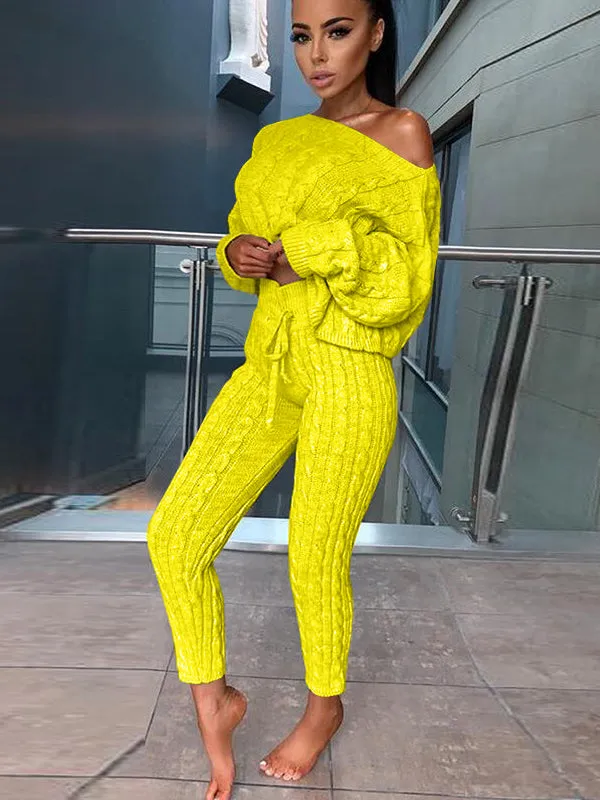 Women's Fashion Off Shoulder Long Sleeve Sweater Sets