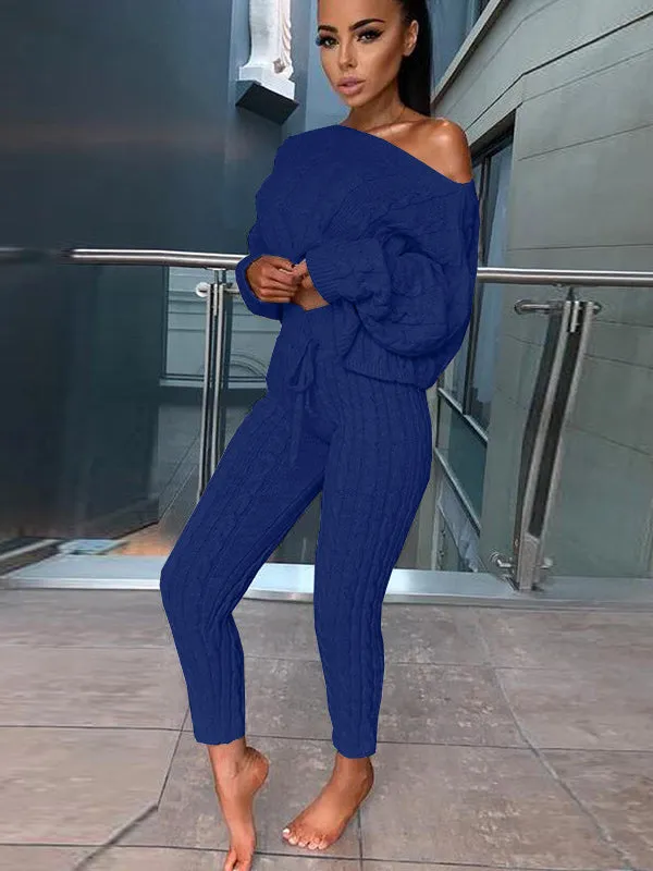 Women's Fashion Off Shoulder Long Sleeve Sweater Sets