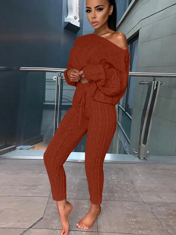 Women's Fashion Off Shoulder Long Sleeve Sweater Sets