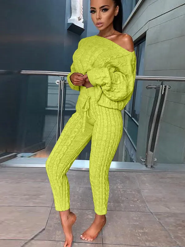 Women's Fashion Off Shoulder Long Sleeve Sweater Sets