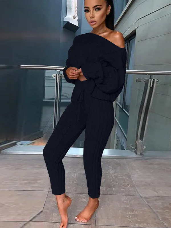 Women's Fashion Off Shoulder Long Sleeve Sweater Sets