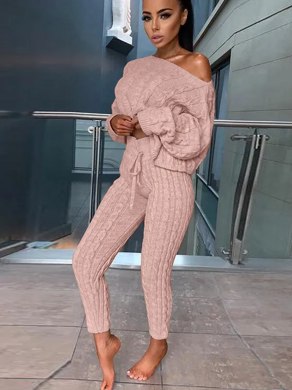 Women's Fashion Off Shoulder Long Sleeve Sweater Sets
