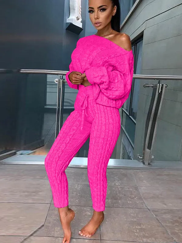 Women's Fashion Off Shoulder Long Sleeve Sweater Sets