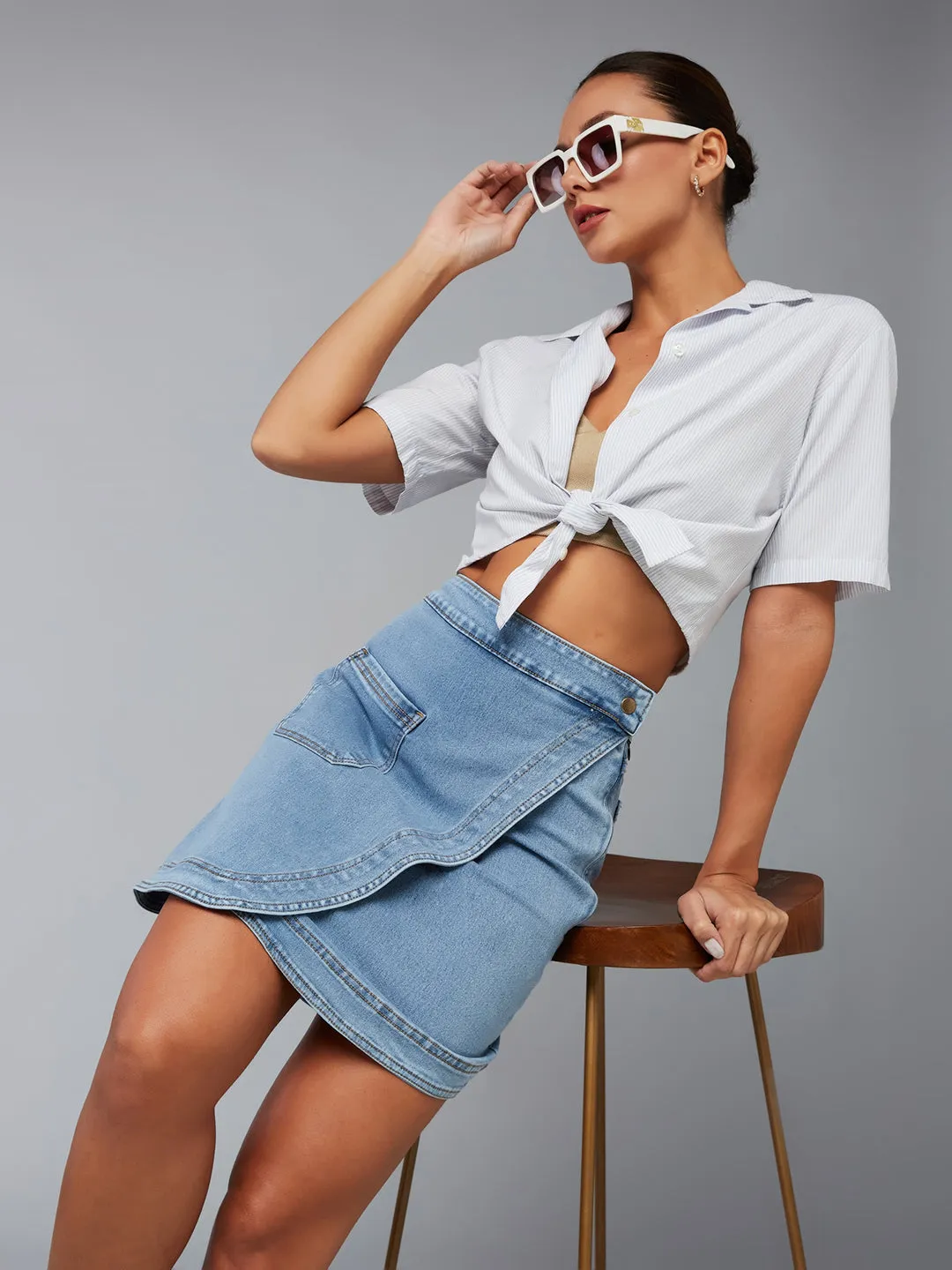 Women's Light Blue High-Rise Above Knee Stretchable Denim Skirt