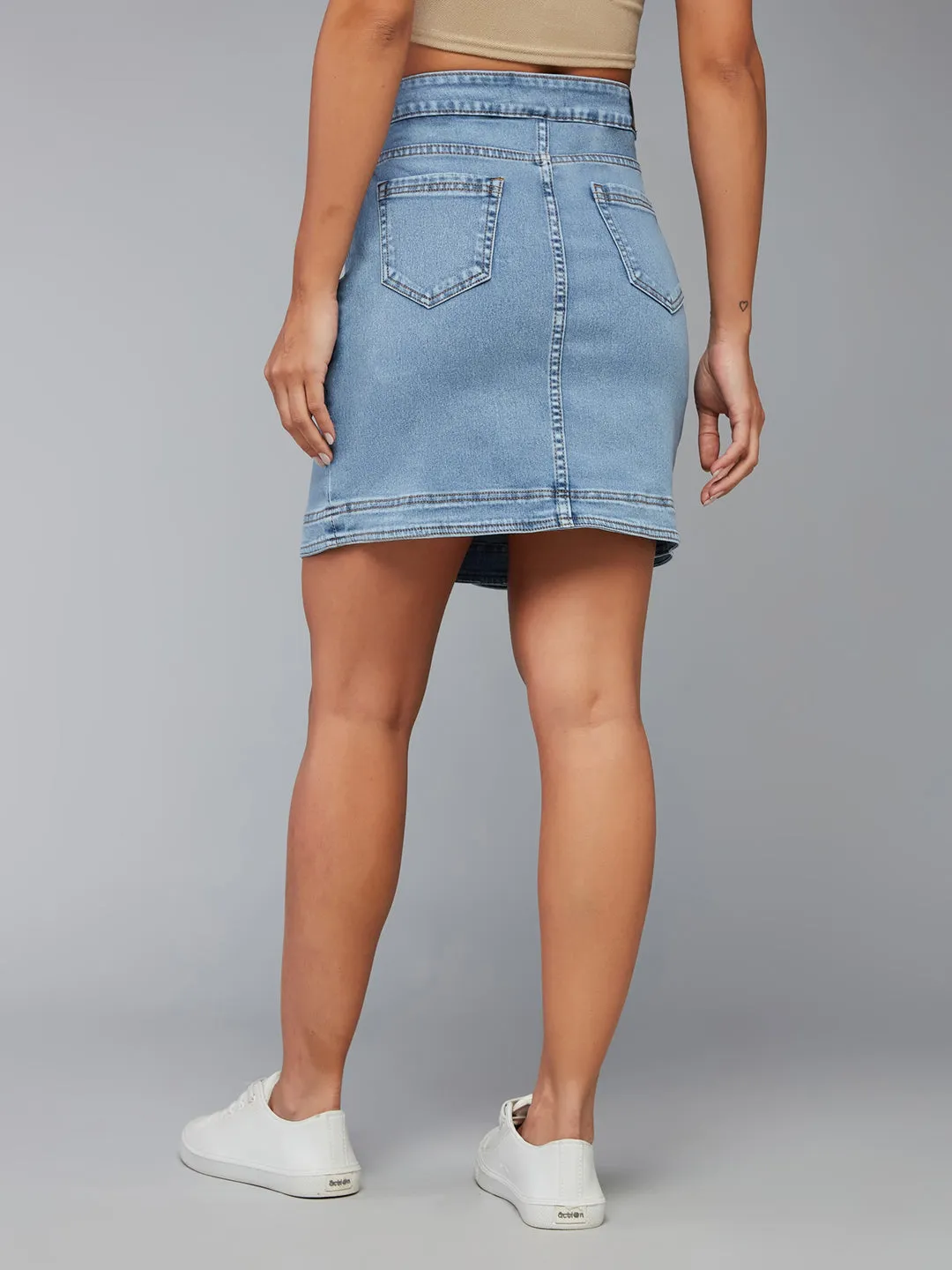 Women's Light Blue High-Rise Above Knee Stretchable Denim Skirt