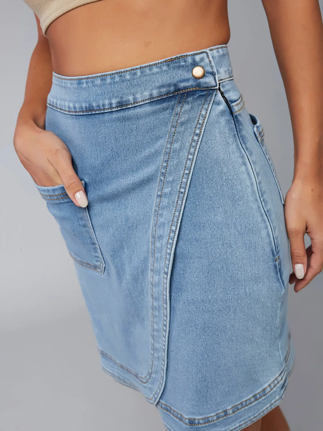 Women's Light Blue High-Rise Above Knee Stretchable Denim Skirt