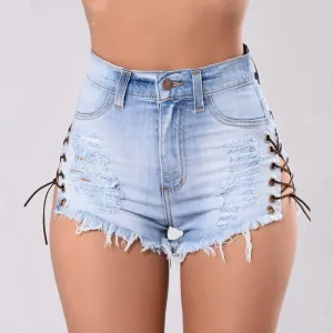 Women's summer lace-up hot trousers denim ripped super shorts